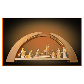 Christmas arch of painted wood, Val Gardena, Aram Nativity Scene of 12 pieces, LED lights