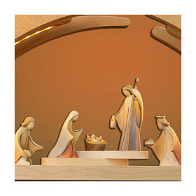 Christmas arch of painted wood, Val Gardena, Aram Nativity Scene of 12 pieces, LED lights