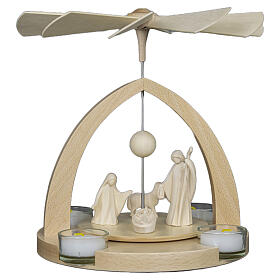 Christmas pyramid with Aram Nativity Scene and sheep, Val Gardena natural wood