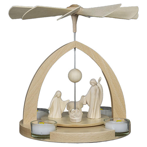 Christmas pyramid with Aram Nativity Scene and sheep, Val Gardena natural wood 1