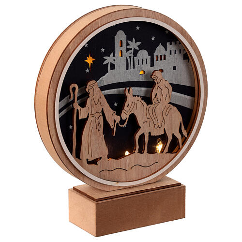 Wooden Christmas decoration, St. Joseph and Mary on a donkey, warm white LED, 8 in 3