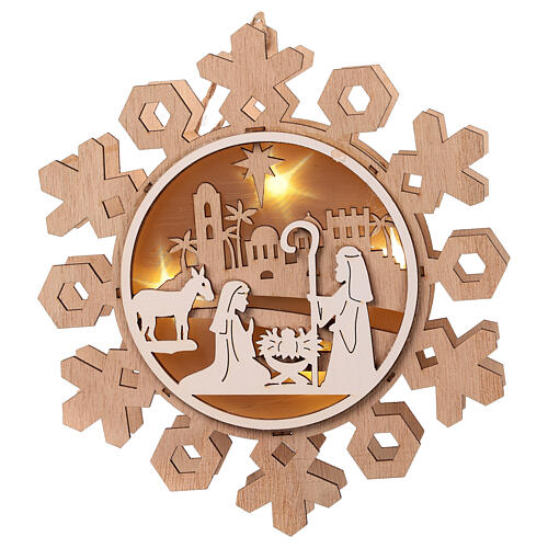 Nativity on a snowflake, hanging wooden ornament with LED lights, 8 in 1