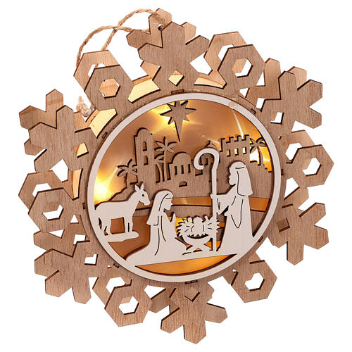 Nativity on a snowflake, hanging wooden ornament with LED lights, 8 in 3