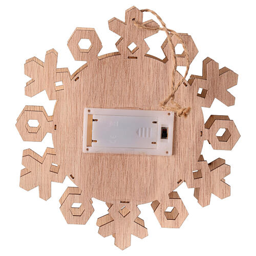 Nativity on a snowflake, hanging wooden ornament with LED lights, 8 in 4