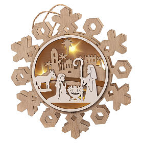 Natività fiocco di neve LED legno da appendere 20 cm