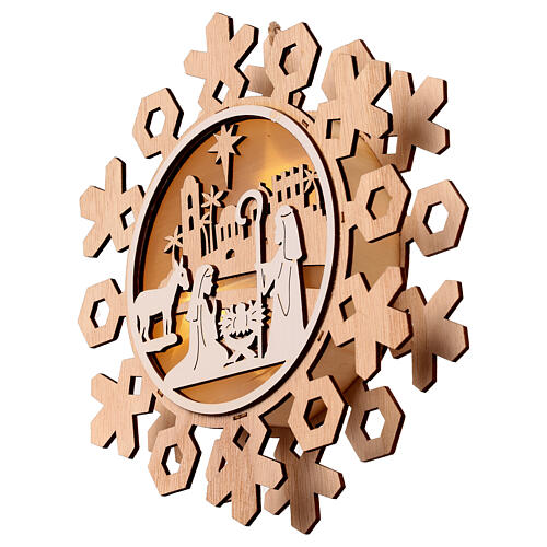 Natività fiocco di neve LED legno da appendere 20 cm 2