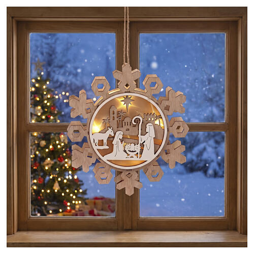 Natività fiocco di neve LED legno da appendere 20 cm 2