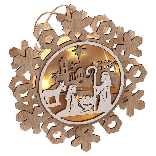 Natività fiocco di neve LED legno da appendere 20 cm 3