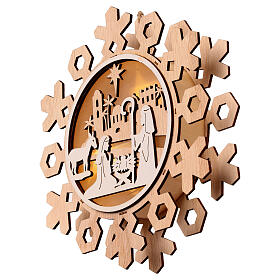 Nativity wooden LED snowflake to hang 20 cm