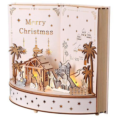 Wooden open book with Nativity, illuminated music box, 10x12x5 in 3