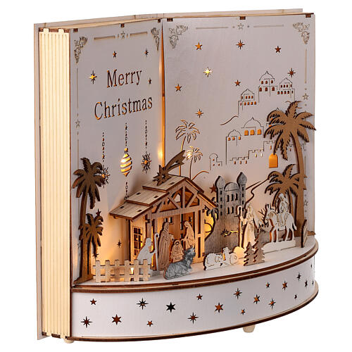 Wooden open book with Nativity, illuminated music box, 10x12x5 in 4