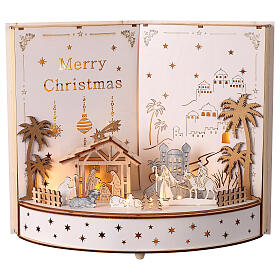 Nativity open book wooden music box LED 25x30x15 cm