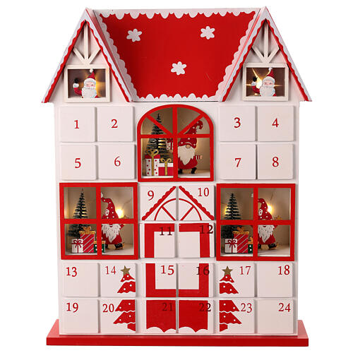 Advent calendar, red and white house with Santa, LED lights, 14x12x2 in 1