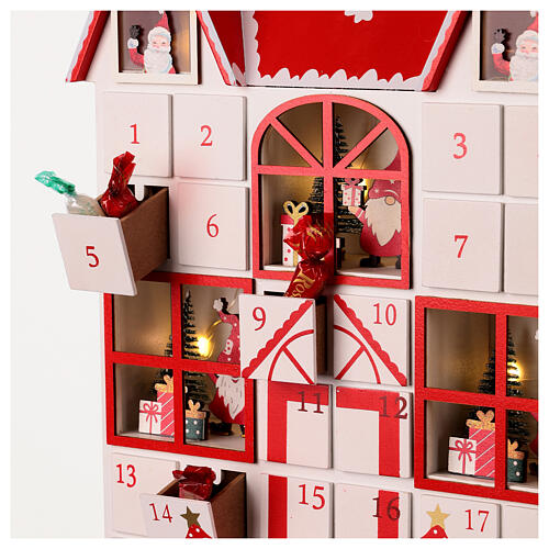 Advent calendar, red and white house with Santa, LED lights, 14x12x2 in 2