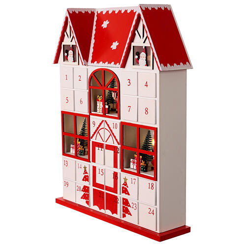 Advent calendar, red and white house with Santa, LED lights, 14x12x2 in 3