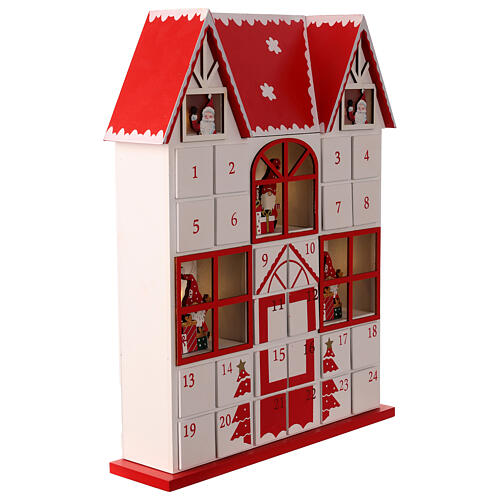 Calendario Adviento casa Papá Noel rojo blanco LED 35x30x5 cm 5