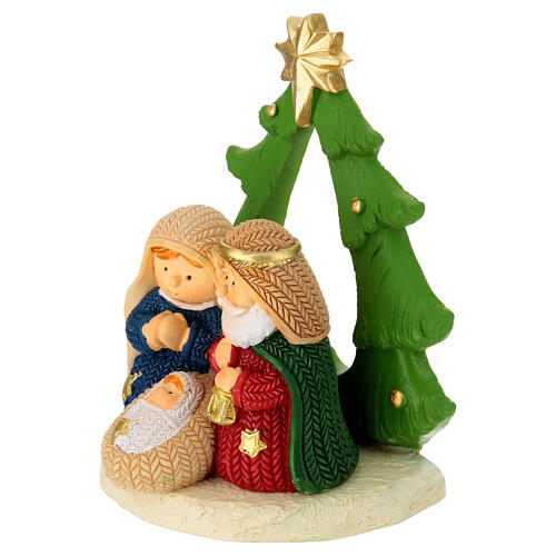 Stylized resin nativity Holy Family tree hut 9 cm 4