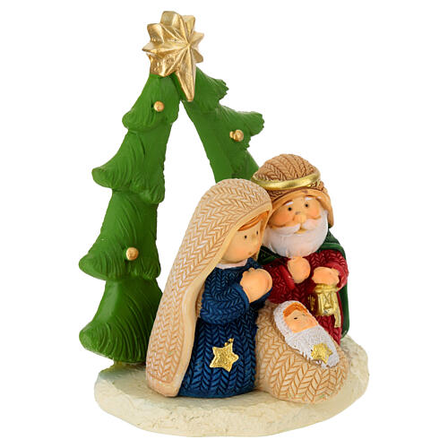 Stylized resin nativity Holy Family tree hut 9 cm 6