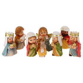 Nativity Scene with baby features, 10 characters of 7 cm, painted resin