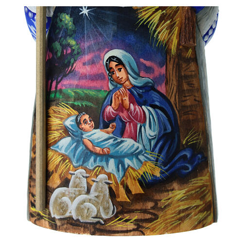 Weihnachtsmann aus Holz mit blauem Mantel und Darstellung der Geburt Christi, handgeschnitzt, Russland, 18,5 cm 2