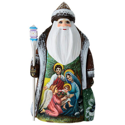 Weihnachtsmann aus Holz mit Darstellung der Heiligen Familie, handgeschnitzt, Russland, 21 cm 1