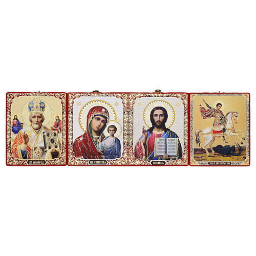 Polyptychon „Ikone mit vier Darstellungen“ – Druck auf Holz, 28 × 15 cm, rotes Etui 4