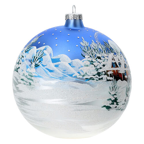 Christmas ball with white blue landscape decoration, blown glass, 6 in 4