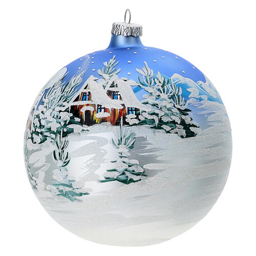 Boule pour sapin de Noël en verre avec décor paysage bleu et blanc 150 mm 3