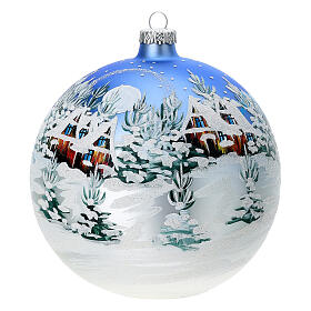 Palla albero di natale vetro decoro paesaggio azzurro bianco 150 mm