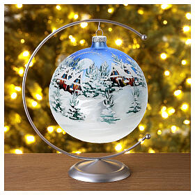 Palla albero di natale vetro decoro paesaggio azzurro bianco 150 mm