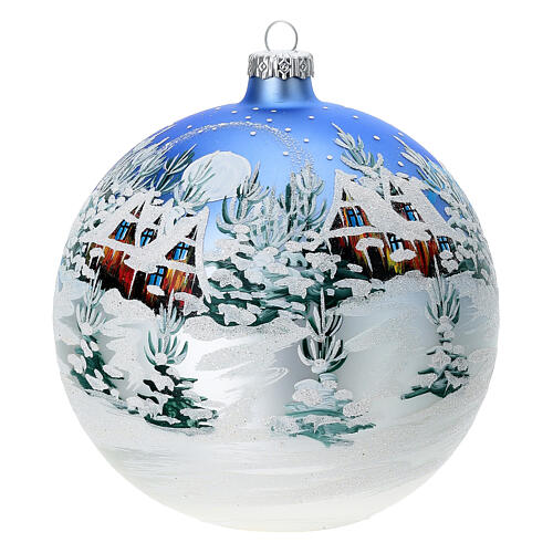 Palla albero di natale vetro decoro paesaggio azzurro bianco 150 mm 1