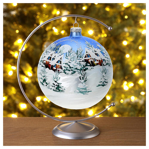 Palla albero di natale vetro decoro paesaggio azzurro bianco 150 mm 2
