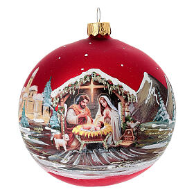 Christmas bauble with Nativity, decoupage on red background, 4 in, blown glass