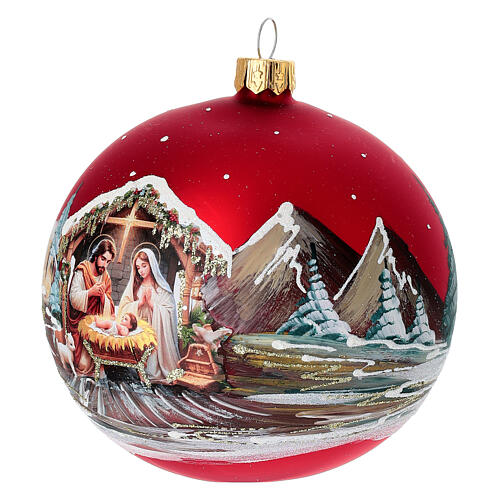 Christmas bauble with Nativity, decoupage on red background, 4 in, blown glass 2