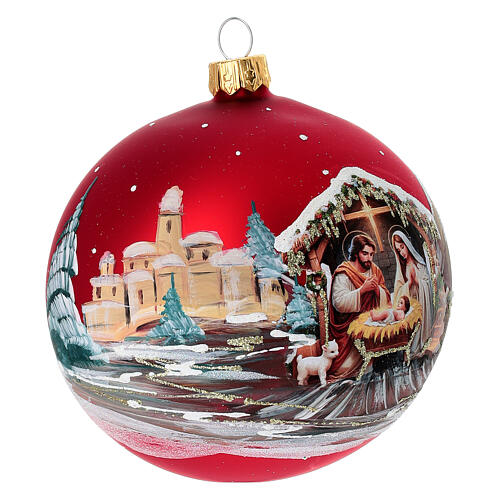 Pallina di Natale Natività decoupage fondo rosso 100 mm vetro soffiato 3
