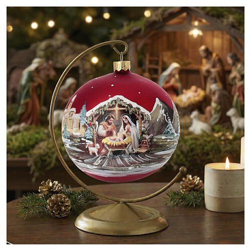 Pallina di Natale Natività decoupage fondo rosso 100 mm vetro soffiato 2