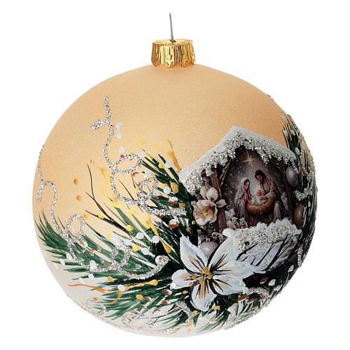 Christmas ball with Nativity, white and gold blown glass, 4 in 3
