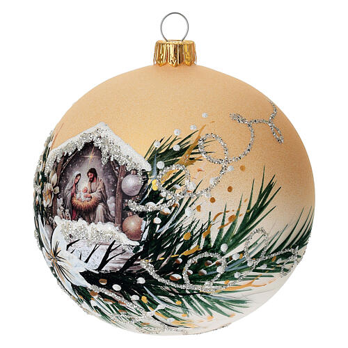 Bola navideña Natividad blanco oro 100 mm vidrio soplado 2