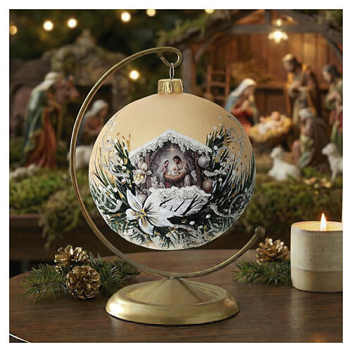 Bola navideña Natividad blanco oro 100 mm vidrio soplado 2