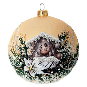 Pallina natalizia Natività bianco oro 100 mm vetro soffiato