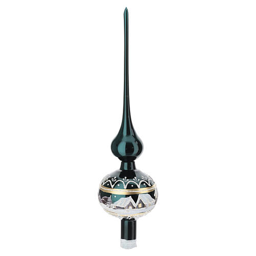 Cimier pour sapin de Noël paysage peint vert anglais 36 cm verre soufflé 4