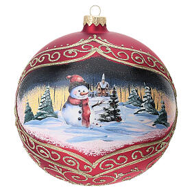 Matte red Christmas ball, 6 in, blown glass with decoupage, snowy landscape with snowman