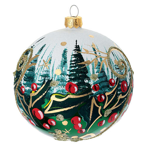 Pallina Natale verde agrifoglio 100 mm vetro soffiato dipinto a mano 2