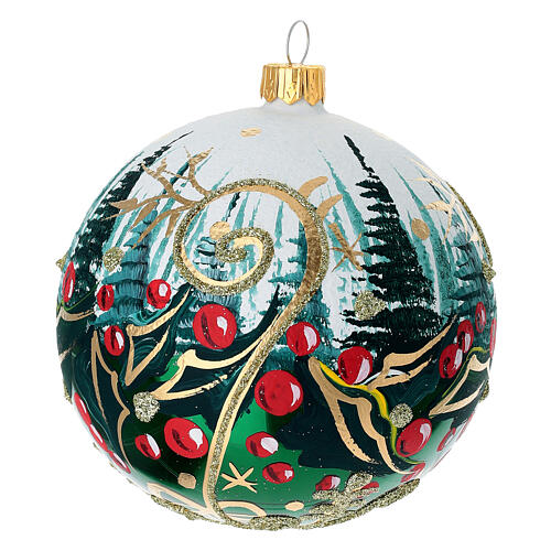 Pallina Natale verde agrifoglio 100 mm vetro soffiato dipinto a mano 3