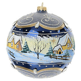 Blue painted blown glass Christmas bauble with snowy landscape, 6 in