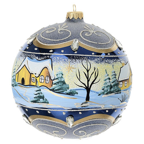 Blue painted blown glass Christmas bauble with snowy landscape, 6 in 3