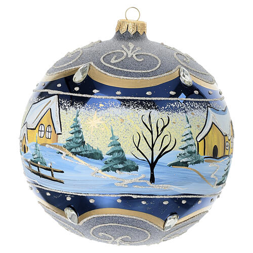 Blue painted blown glass Christmas bauble with snowy landscape, 6 in 4