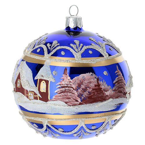 Weihnachtsbaumkugel, Winterlandschaft, aus mundgeblasenem Glas, blau, handbemalt, Ø 10 cm 7