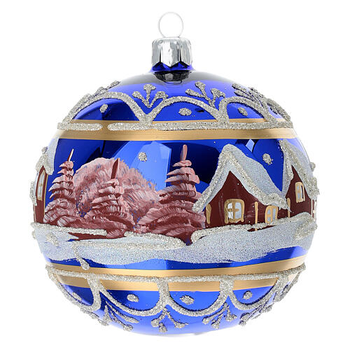 Christmas ball with glossy blue background, snowy landscape, 4 in, blown glass 8