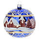 Christmas ball with glossy blue background, snowy landscape, 4 in, blown glass s1